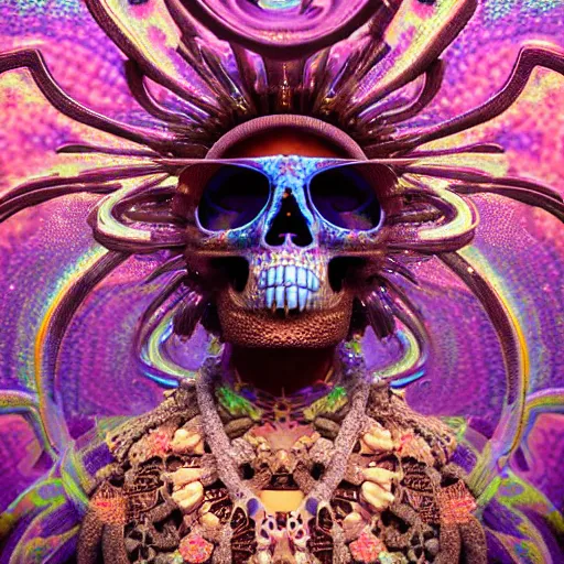 Image similar to a golden skull face african electric shaman with an afro made of flowers, third eye art art by machina infinitum, complexity from simplicity, rendered in octane, mandelbulb 3 d, ambient occlusion, macro photography, tribal, retrowave