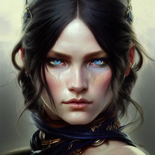 Image similar to Portrait of female warrior, D&D, blue eyes, face, long black hair, fantasy, intricate, elegant, highly detailed, digital painting, artstation, concept art, smooth, sharp focus, illustration, art by artgerm and greg rutkowski and alphonse mucha