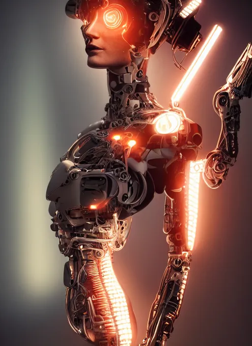 Image similar to photorealistic detailed full body picture of a female cyborg, pretty face with arms and legs, glamour pose, long hair, neon lights, humanoid, extreme, uhdr, book called the most influental cyborg in 2 0 5 0, fine details, highly detailed, intricate, smooth sharp focus, symmetrical features, environmental portrait, realistic render