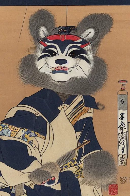 Prompt: a little - known commission from a famous ukiyo - e artist depicts the fursona of tokugawa ieyasu, furry shogun, tokugawa era illustration, vintage