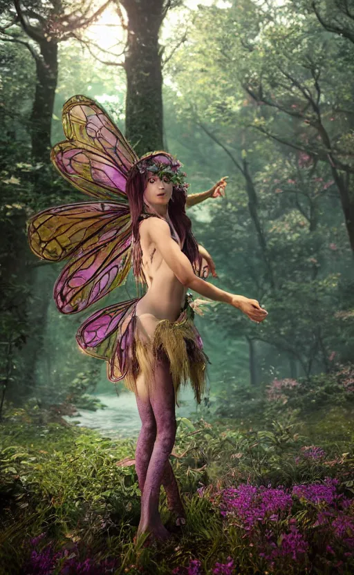 Image similar to a photo of 8 k ultra realistic magical fairy, full body, fantasy forest background, ornate, cinematic lighting, trending on artstation, 4 k, hyperrealistic, focused, high details, unreal engine 5, cinematic