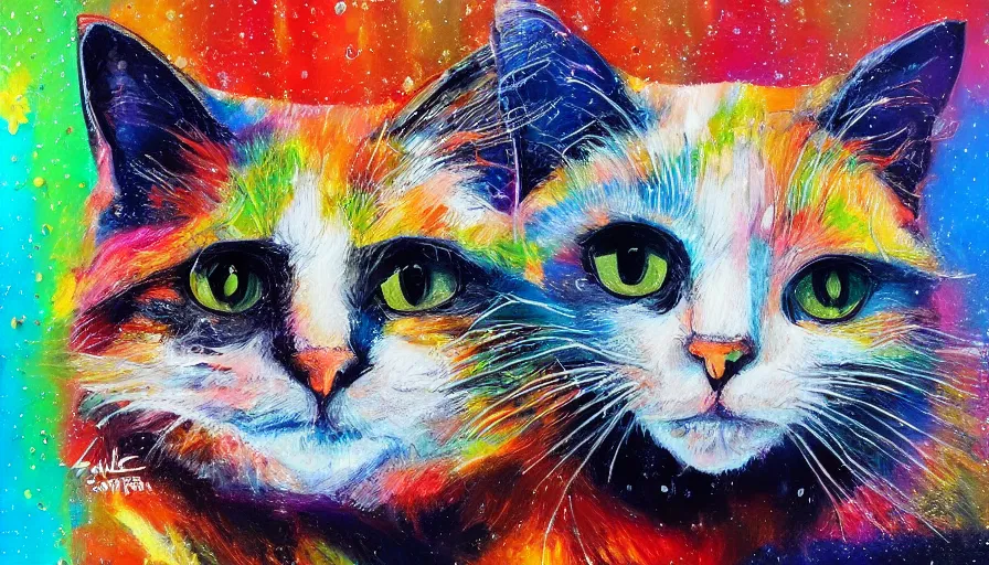 Prompt: cat, painting on canvas, watedrops, water droplets, acrylic painting, acrylic pouring, painting, influencer, artstation - h 8 0 0