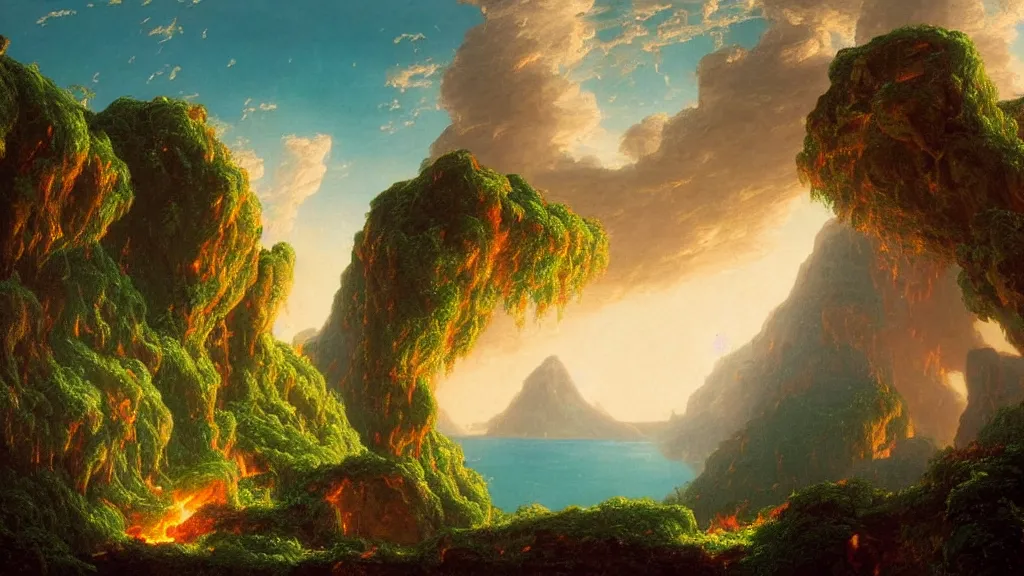 Image similar to very detailed and perfectly readable fine and soft relevant out of lines soft edges painting by beautiful walt disney animation films of the late 1 9 9 0 s and thomas cole in hd, we see a lava world, nice lighting, perfect readability