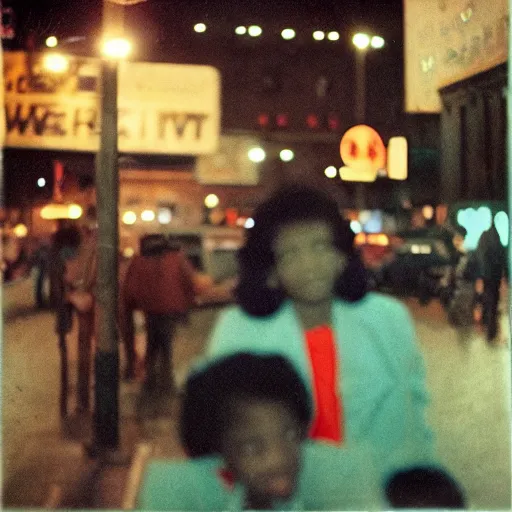 Prompt: analog medium format bokeh night portrait in harlem, 1 9 6 0 s, colourful, photographed on expired film, detailed photograph