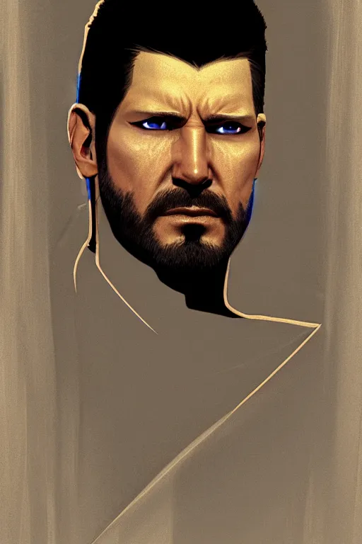 Image similar to Adam Jensen face up close, light streaking in from blinds, by J. C. Leyendecker