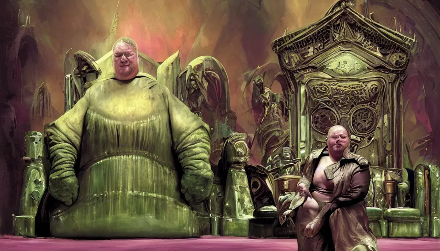 Image similar to shaun ryder as baron harkonnen wearing a leather spacesuit and sitting on a throne in the throne room on guidi prime, dark warriors stand in the background, beautiful green and pink marble pillars, by normal rockwell and john berkey, photoreal, science fiction character concept art, artstation