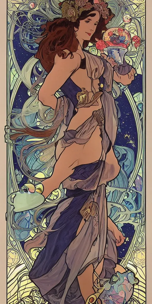 Image similar to a woman wearing outer space as a dress, pouring water from a vase into the milky way, by joe madura and boarder by alphonse mucha, battle chasers.