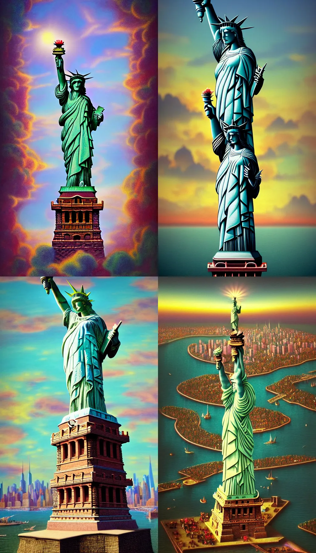 Prompt: hippy statue of liberty near nyc, beautiful atmosphere, colorful, pastel colors, neoclassic, baroque painting, beautiful detailed intricate insanely detailed octane render trending on artstation, 8 k artistic photography, photorealistic, volumetric cinematic light, chiaroscuro, hieronymus bosch, alex grey, raphael, caravaggio, beksinski, giger, rembrandt