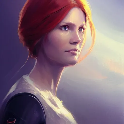 Image similar to Portrait of a woman by Greg Rutkowski, she is about 30 years old, redhead, long straight hair, beautiful oval face, wearing a futuristic spaceship captain uniform, strict but caring mom vibes, highly detailed portrait, digital painting, artstation, concept art, smooth, sharp foccus ilustration, Artstation HQ.