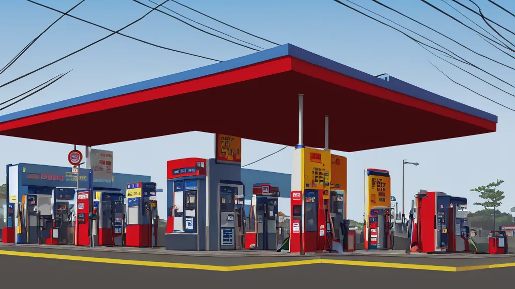 Prompt: Explosion at the gas station, flat design, screen print by Kawase Hasui and dan hillier, 8k unreal engine