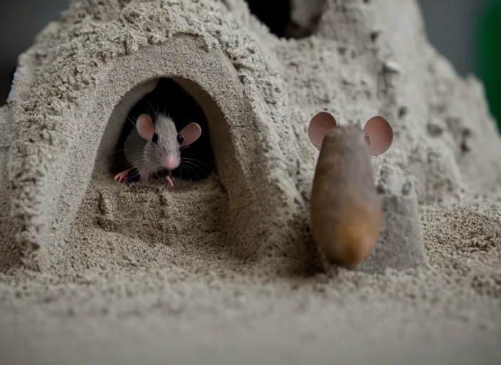 Image similar to dslr photo still of a mouse inside a sand castle, 8 k, 8 5 mm f 1. 4