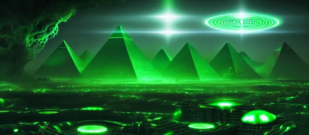 Image similar to the ethereal god of technology bestows the gift of green circuits to humanity. immaculate matte painting. fantastic. velvet and emerald. high key studio lighting. fractal dreams. ancient egypt, trending on artstation, cgsociety, ps 5, uhd 8 k cryengine