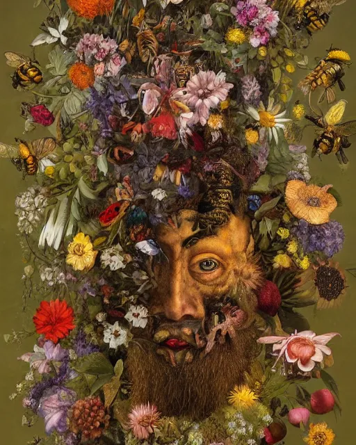 Prompt: A beautiful detailed full body portrait painting 'The Godes of nature' by Giuseppe Arcimboldo, flowers bees and birds everywhere, existential horror, Trending on cgsociety artstation, highly detailed, 8k, masterpiece, in the style of DiscoDiffusion.