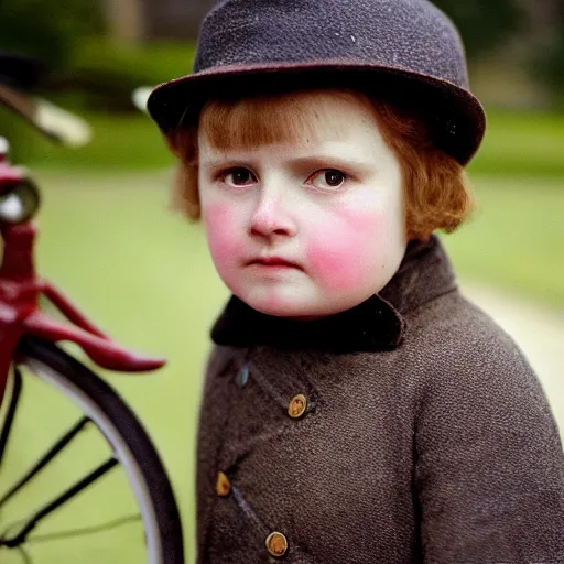 Image similar to close up portrait of a victorian child standing in with a bicycle, 8 k, soft lighting, highly detailed realistic, face in focus 1 8 9 0's liminal