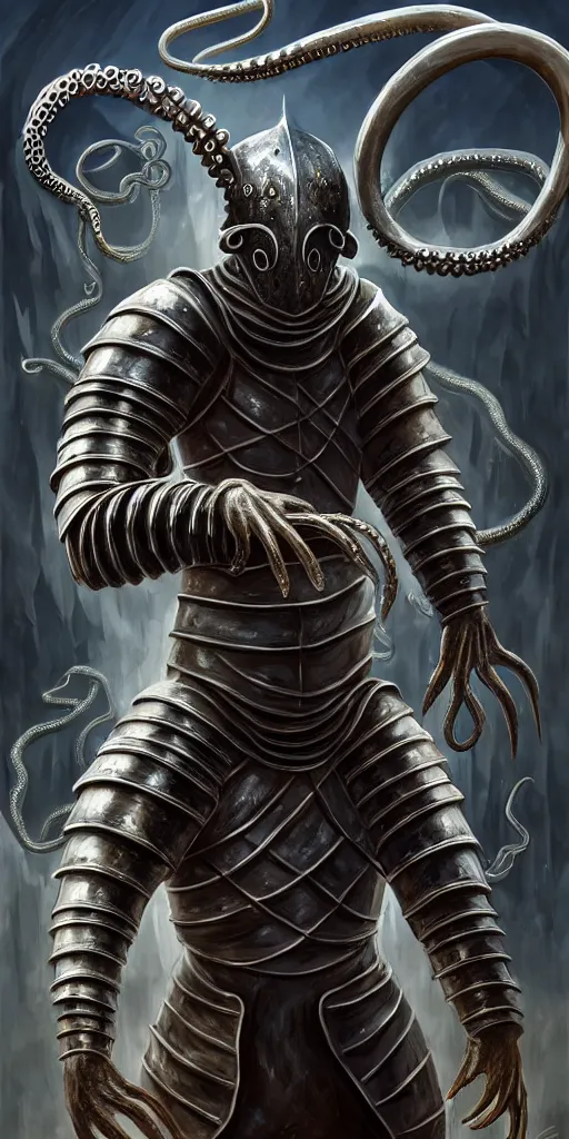 Prompt: a medieval knight slowly transforming into a tentacle monster, matte oil painting, steel armor set, concept art, dnd, clear, crisp, sharp, gauntlets, eldritch, award - winning, extremely detailed, 4 k, 8 k