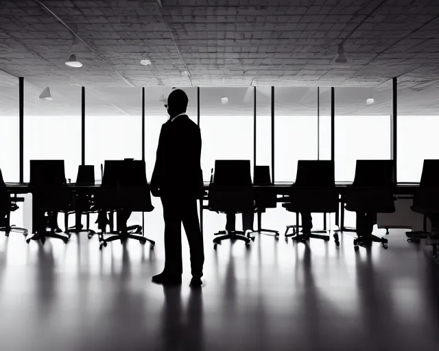 Image similar to a modern office with all the lights off, dark office. all the workers are standing up, staring blankly. a tall shadowy shape moves in the background. HD digital photograph, cinema verite.