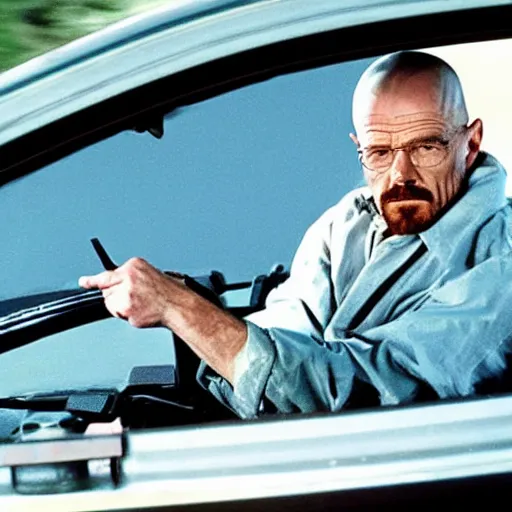 Prompt: Mid shot photo of Walter White driving a tank