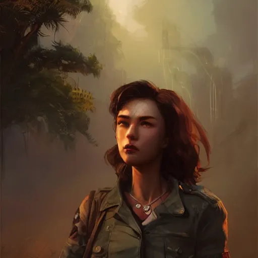 Image similar to fallout 5, charismatic beautiful rugged brunette female protagonist, portrait, outdoors tropical cityscape, atmospheric lighting, painted, intricate, volumetric lighting, beautiful, daytime, sunny weather, few clouds, sharp focus, deep colours, ultra detailed, art by krenz cushart and wenjun lin