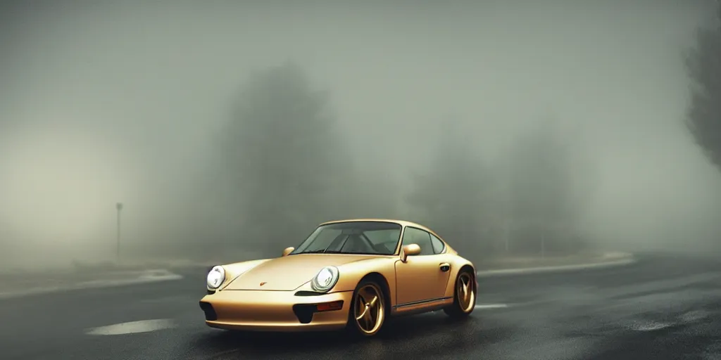 Image similar to parked Porsche sports car, fog, rain, volumetric lighting, beautiful, golden hour, sharp focus, highly detailed, cgsociety