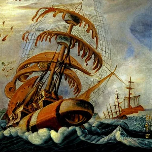 Prompt: A giant squid destroying a cruise ship in the middle of the ocean, oil painting by Jan Steen