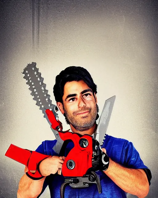 Image similar to Digital presidential anime art of Alvaro Uribe Velez holding a chainsaw by A-1 studios, serious expression, empty warehouse background, highly detailed, spotlight