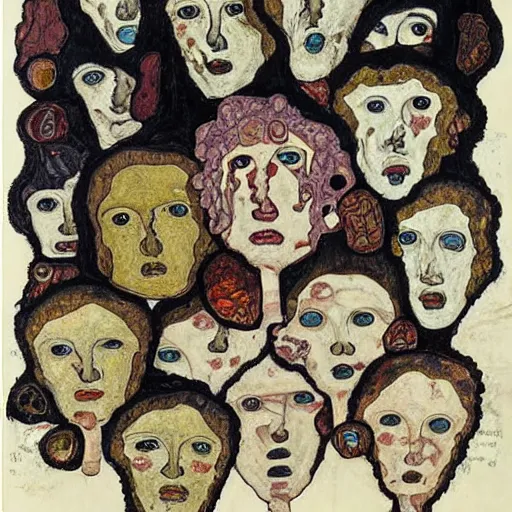 Prompt: heads of medusa made of water and candy by egon schiele