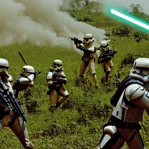 Image similar to star wars clone troopers combat soldiers in vietnam, photo, old picture, lush landscape, jungle, firearms, explosions, helicopters, aerial combat, active battle zone, flamethrower, air support, jedi, land mines, gunfire, violent, star destroyers, star wars lasers, sci - fi, jetpacks, agent orange, bomber planes, smoke, trench warfare