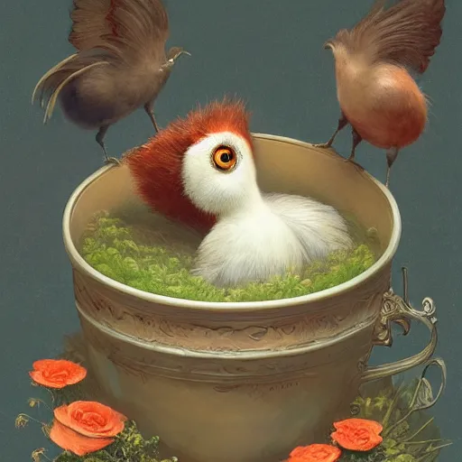 Image similar to soulful long shot of a very cute monster chick nesting in a very romantique floral cup, by esao andrews, by james jean, very humorous illustration, big depth of field, perspectice perception, volumetric light, warm cosy colors, night scenery, low light, unreal engine 5, 8 k, conceptart, hyperdetailed, hyperrealistic, trending on artstation