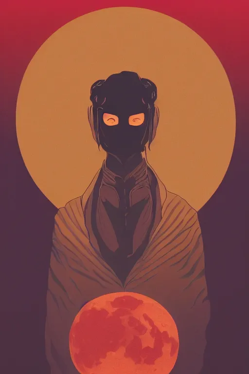 Image similar to portrait of a man with a mask on his face in the form of a spiral in a golden kimono, full face, against the background of a bright red moon, sad motif, by ilya kuvshinov, dramatic, soft colors, futuristic, 8 k