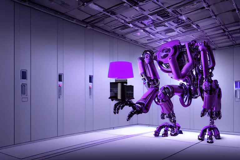 Image similar to hyperrealistic medium shot robot! in data center server building highly detailed concept art eric zener elson peter cinematic hard purple lighting high angle hd 8 k sharp shallow depth of field, inspired by david paul cronenberg and zdzisław beksinski