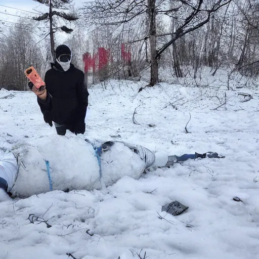 Image similar to last selfie of last alive ukrainian very damaged body to bones running from nuclear explosion, dead bodies on the ground, black snow, 2 0 2 2