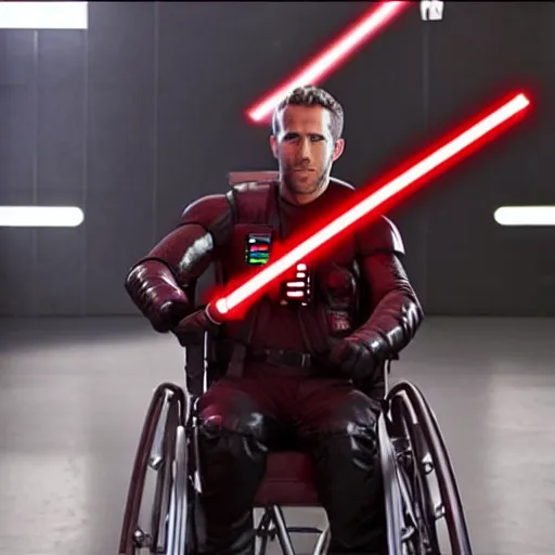 Prompt: ryan reynolds in a wheelchair holding a red lightsaber, good lighting,