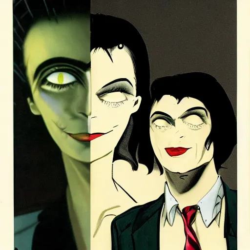 Image similar to A photgraphic portrait of the character, Desire, a tall, smiling androgyne with black hair and a grey pinstripe suit, studio lighting, medium shot, Life Magazine, 1978, Vertigo Comics, The Sandman written by Neil Gaiman, against a stormy sky