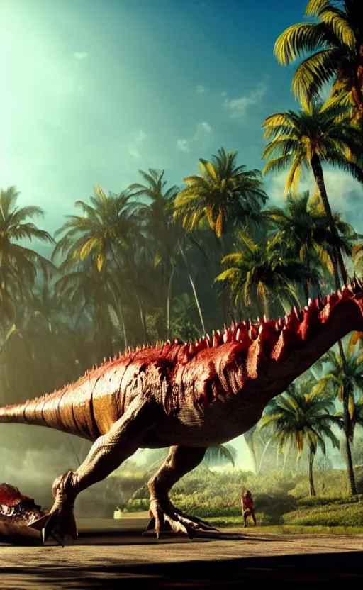 Prompt: super super super epic cinematic shot of spinosaurus, jurassic park movie, 8k scene, bloody, ++++++ super super super dynamic action, concept photos, dynamic lighting, dynamic shaders, sunny day, palm trees, amazing quality