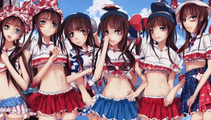 Image similar to waldo hiding amongst a group of cute anime girls in short miniskirts, lightly dressed, ultra detailed digital art, hyper real, detailed, closeup shot, ultra detailed