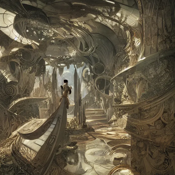 Image similar to modernist bauhaus style neverending story, ultra realistic, concept art, intricate details, serious, highly detailed, photorealistic, octane render, 8 k, unreal engine, art by todd mcfarlane and artgerm and greg rutkowski and alphonse mucha