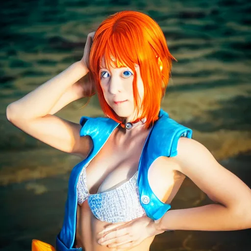 Image similar to A full portrait photo of real-life nami one piece, f/22, 35mm, 2700K, lighting.