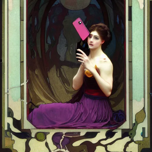 Image similar to dramatic cinematic scene of Death taking a selfie, modern, mucha, colorful, Inspired by William Adolphe Bouguereau, and Donato Giancola, mucha, purple, black, highly rendered, beautiful, cyberpunk, moody lighting, glowing light and shadow, atmospheric, studio lighting, 8K