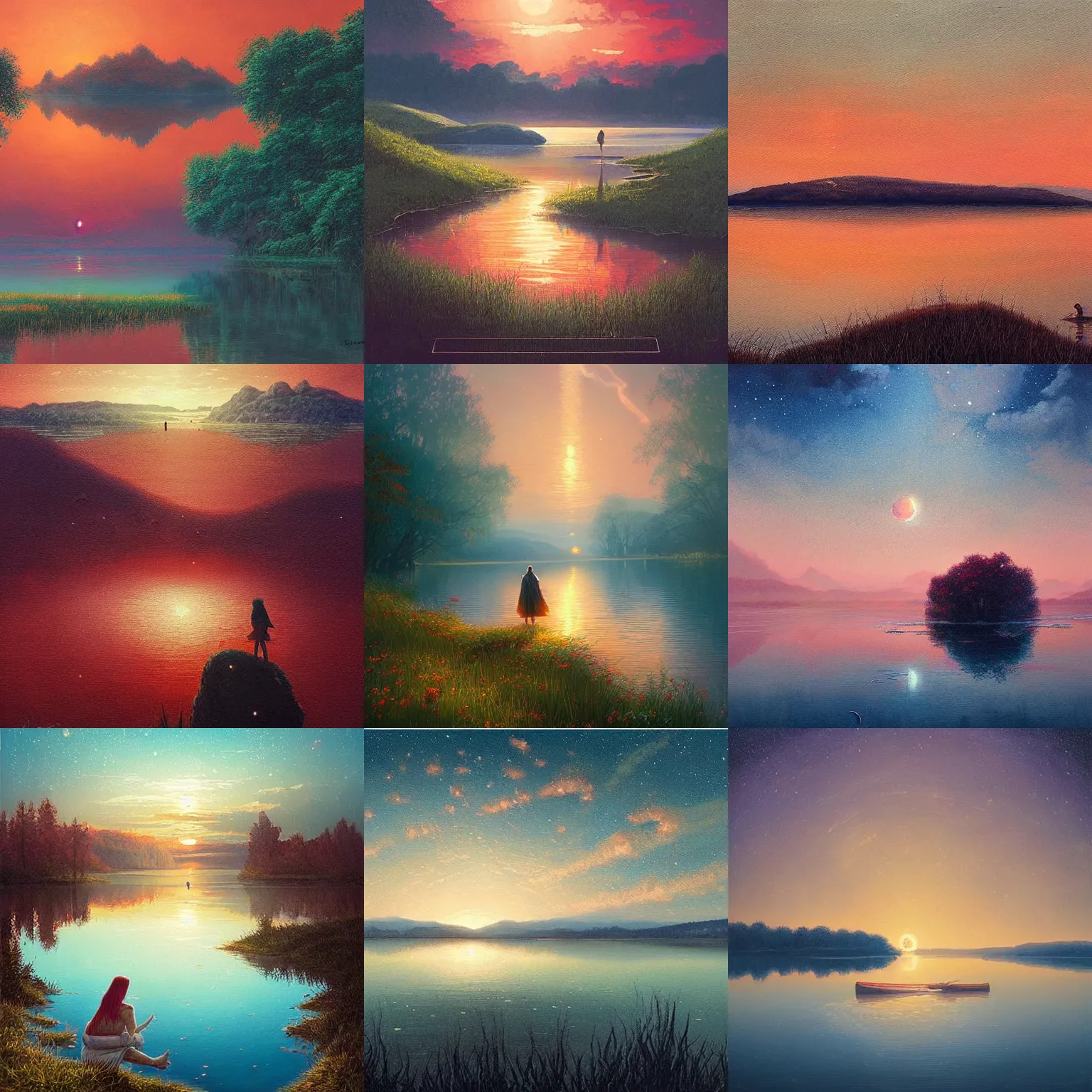 Prompt: a beautiful painting of a peaceful lake in the Land of the Dreams, full of grass, sunset, red horizon, starry night, Greg Rutkowski, Moebius, Mohrbacher, peaceful, colorful