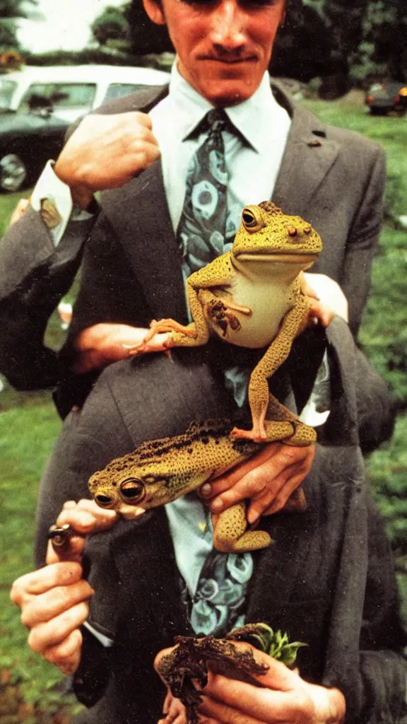 Prompt: 7 0 s photo of a businessman and his pet toad, kodachrome