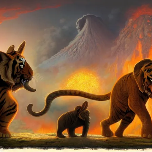 Image similar to tiger, rabbit and elephant running away from a volcano by justin gerard, deviantart