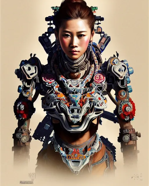 Image similar to portrait of a machine from horizon zero dawn, machine face, upper body, decorated with chinese opera motifs, asian, traditional chinese art, intricate, elegant, highly detailed, digital painting, artstation, concept art, smooth, sharp focus, illustration, art by artgerm and greg rutkowski and alphonse mucha, 8 k