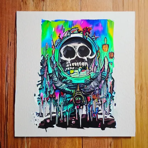 Image similar to drippy, dripping paint, skull, trippy, Miyazaki style, studio ghibli, exaggerated accents