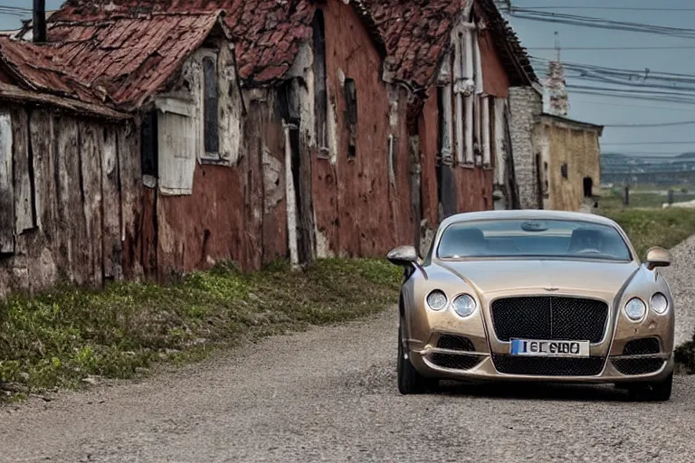 Image similar to rusty Bentley Continental GT drives along the road of an old Russian village with houses at the edges