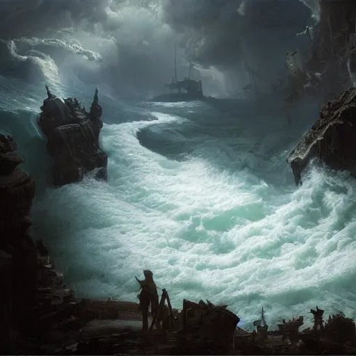 Prompt: an eerie whirlpool, seen from above, in a cavematte painting, fantasy art, by greg rutkowski, by andreas achenbach,