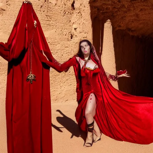 Image similar to An alluring vampire queen wearing a red pendant walks out of a tomb in the Sahara