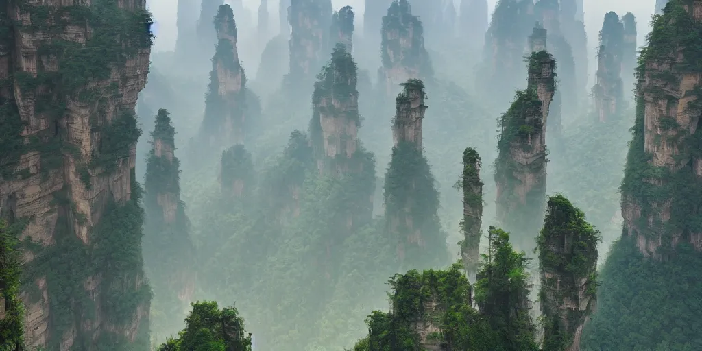 Image similar to zhangjiajie national forest park, by dan mumford!!!!!!!!!!!!!!!! artstation, behance, highly detailed, concept art, dramatic lighting