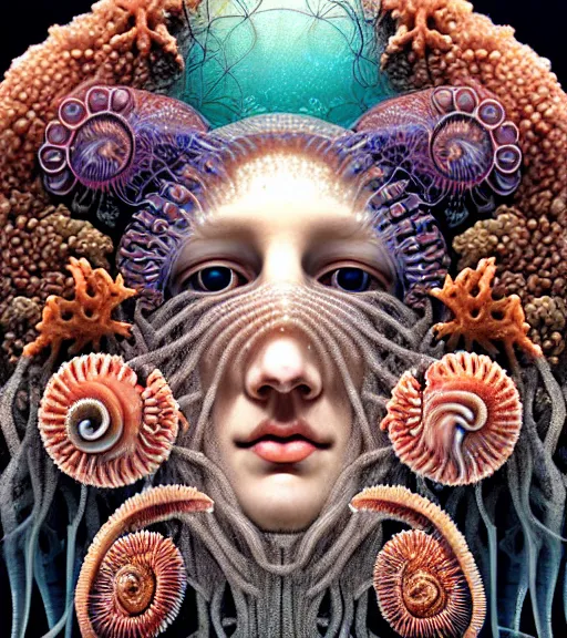 Prompt: hyperrealistic detailed underwater face portrait of the beautiful god of the jellyfish with an intricate headgear of corals, sea kelp, sea plants, fish, starfish, jellyfish, art by ernst haeckel, victor ngai, john william godward, android jones, gothic, neo - gothic, ornamental, beautiful deep colours,