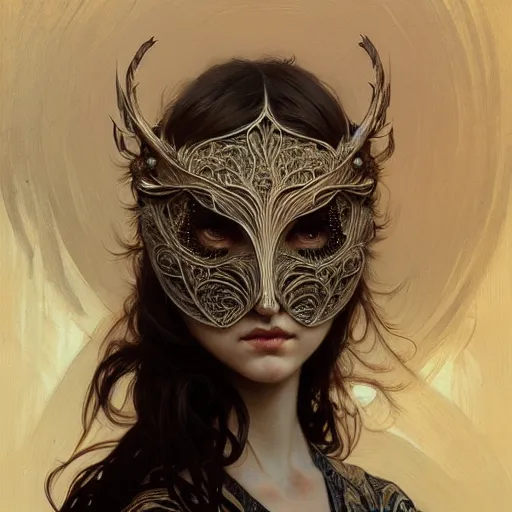 Image similar to Girl wearing an intricate mask made of feather and bone, face, detailed, intricate, elegant, highly detailed, digital painting, artstation, concept art, smooth, sharp focus, illustration, art by Krenz Cushart and Artem Demura and alphonse mucha