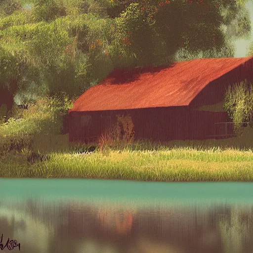 Prompt: farmhouse beside a lagoon, digital art, artstation, Darrel k sweet